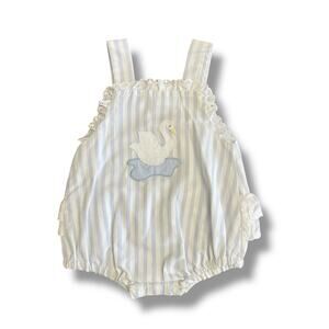 Vintage Simi Baby 3M Romper Blue White Stripe Swan Appliqué Ruffle Back